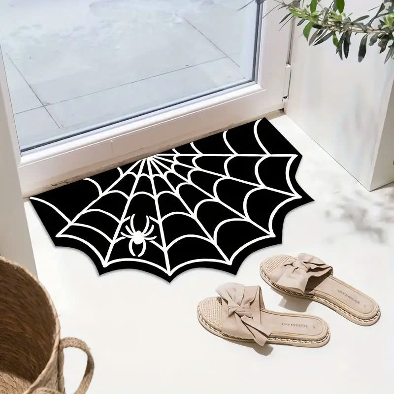 Halloween Spider Web Doormat - Non-Slip, Machine Washable, Polyester Fiber, Gothic Plush Area Rug for Bathroom, Kitchen, Front Porch - Indoor Spooky Cobweb Throw Rug Decor