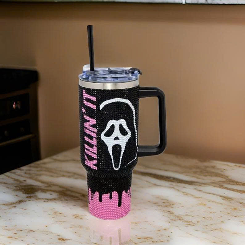 Halloween Ghostface Tumbler 40 Oz, Halloween Bling Tumbler, Halloween Gift Idea, Spooky Season Glitter Tumbler, Gift for him, Gift for her, Ghost Tumbler Drinkware Flasks Insulated Stainless