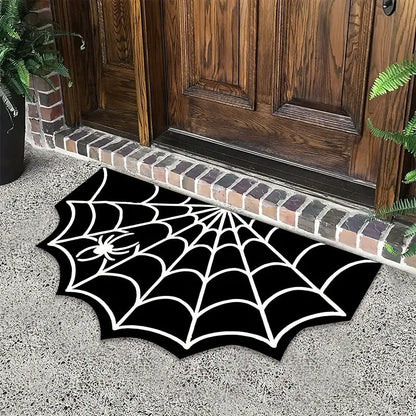 Halloween Spider Web Doormat - Non-Slip, Machine Washable, Polyester Fiber, Gothic Plush Area Rug for Bathroom, Kitchen, Front Porch - Indoor Spooky Cobweb Throw Rug Decor