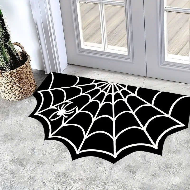 Halloween Spider Web Doormat - Non-Slip, Machine Washable, Polyester Fiber, Gothic Plush Area Rug for Bathroom, Kitchen, Front Porch - Indoor Spooky Cobweb Throw Rug Decor